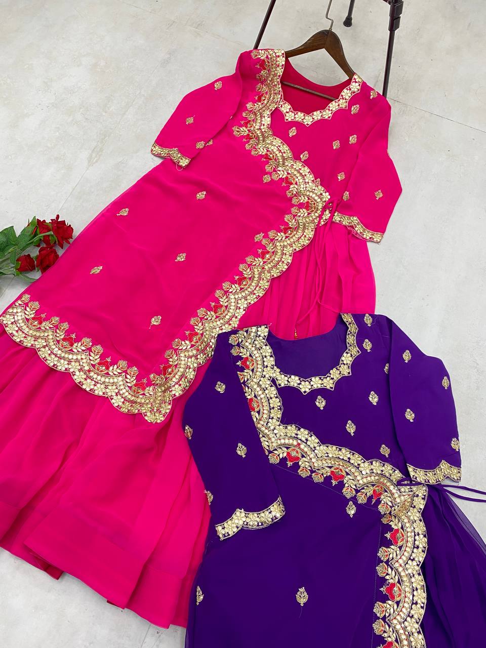 "Elegant Faux Georgette Gown with Intricate Embroidery & Silk Inner"