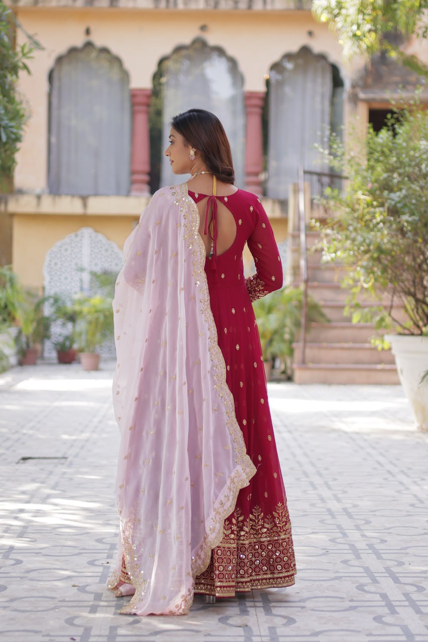 "Elegant Faux Blooming Embroidered Gown with Tabby Silk Dupatta"