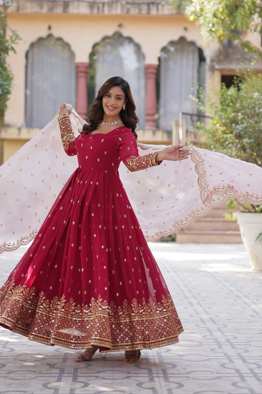 "Elegant Faux Blooming Embroidered Gown with Tabby Silk Dupatta"
