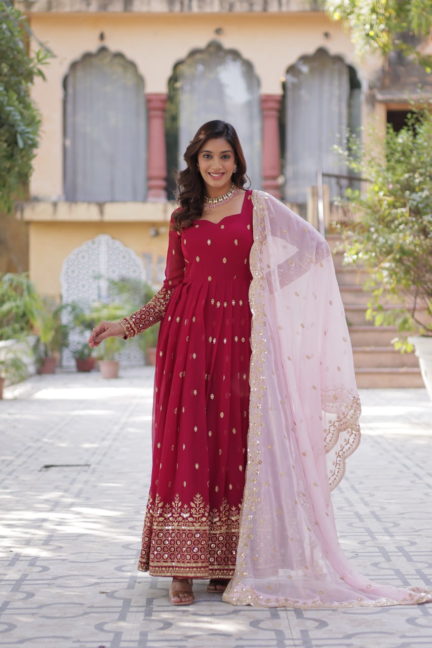 "Elegant Faux Blooming Embroidered Gown with Tabby Silk Dupatta"