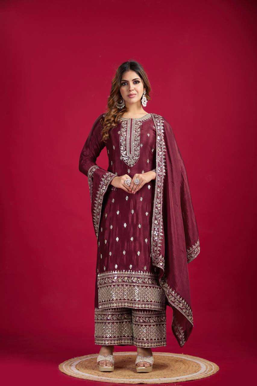 "Elegant Chinnon Silk Embroidered 3-Piece Set with Sequence Work"