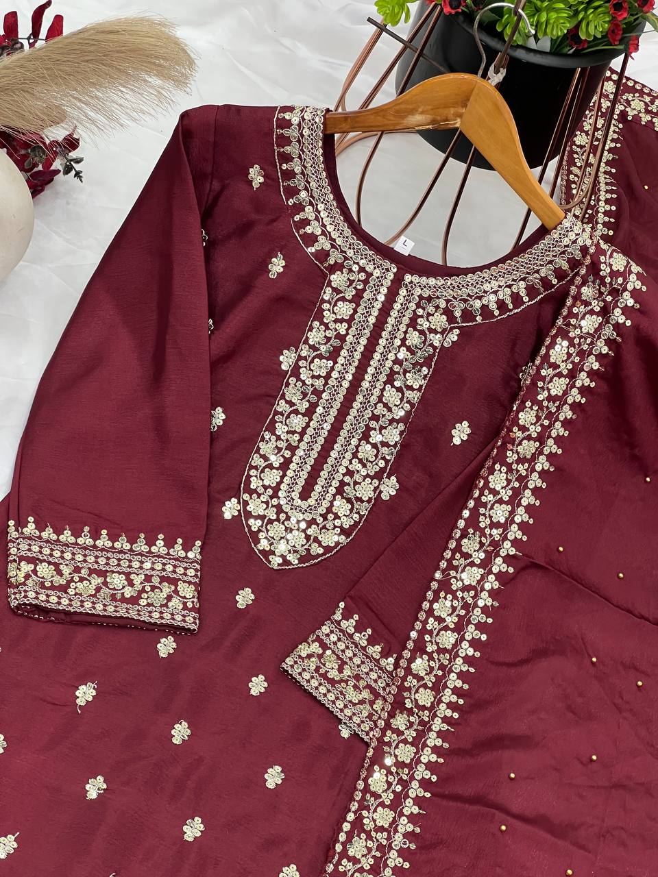 "Elegant Chinnon Silk Embroidered 3-Piece Set with Sequence Work"