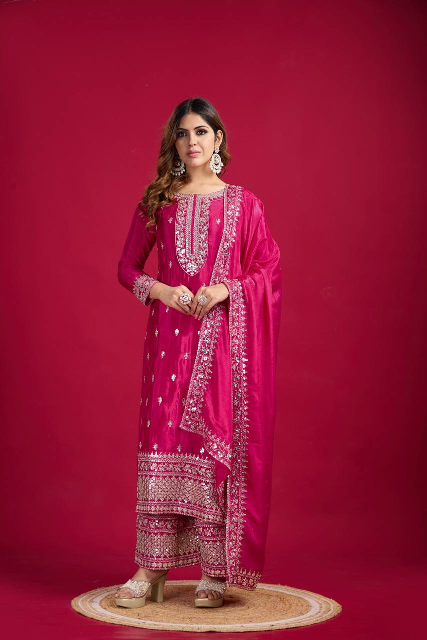"Elegant Chinnon Silk Embroidered 3-Piece Set with Sequence Work"