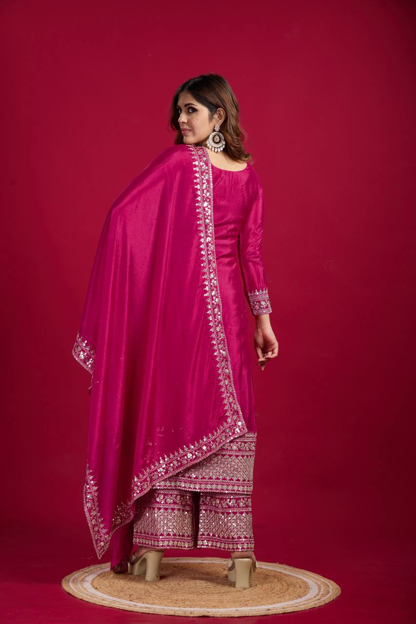"Elegant Chinnon Silk Embroidered 3-Piece Set with Sequence Work"