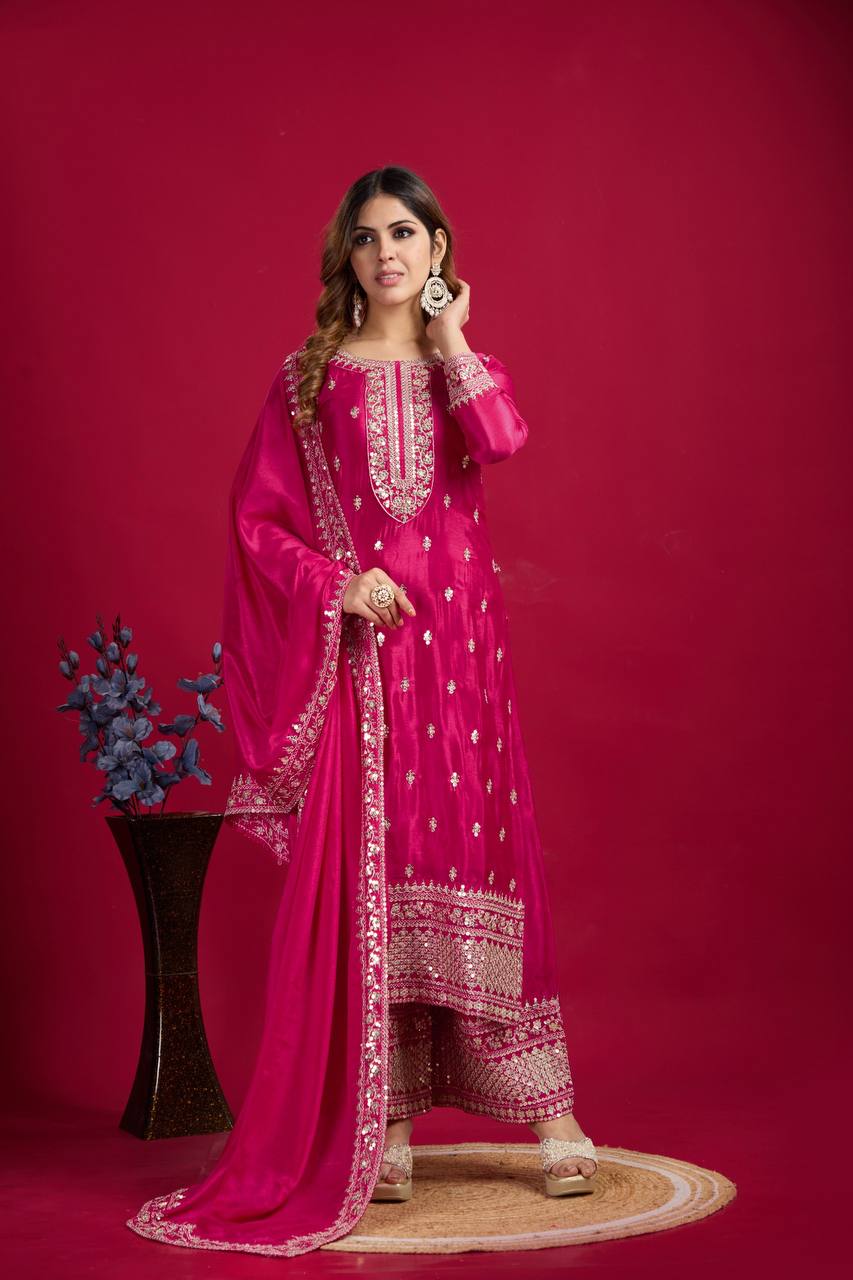 "Elegant Chinnon Silk Embroidered 3-Piece Set with Sequence Work"