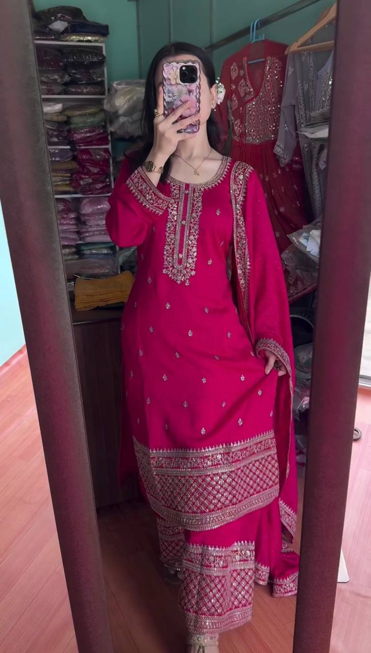 "Elegant Chinnon Silk Embroidered 3-Piece Set with Sequence Work"