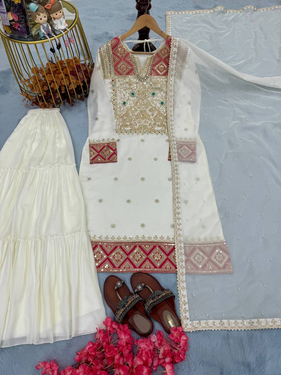 "Elegant Heavy Pur Vichitra Silk Suit Set with Embroidery, Tassels, and Organza Dupatta"