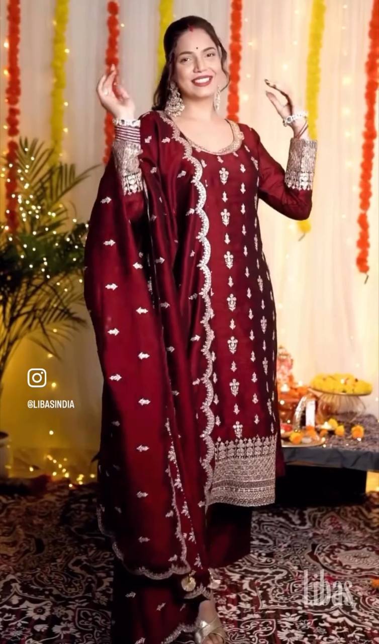 "Elegant Cinon Silk Set: Top, Pant, and Dupatta with Sequence Embroidery"