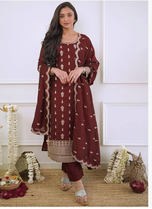 "Elegant Cinon Silk Set: Top, Pant, and Dupatta with Sequence Embroidery"
