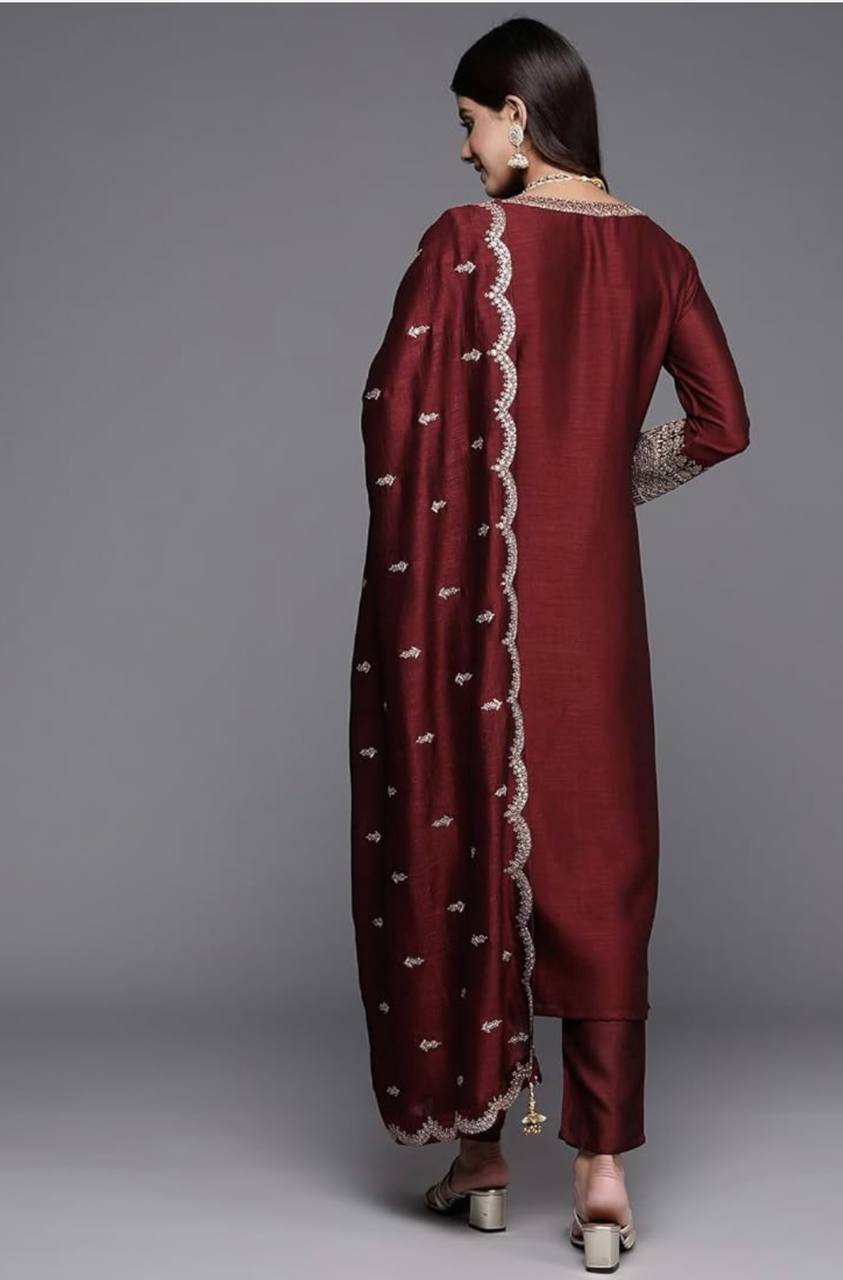 "Elegant Cinon Silk Set: Top, Pant, and Dupatta with Sequence Embroidery"