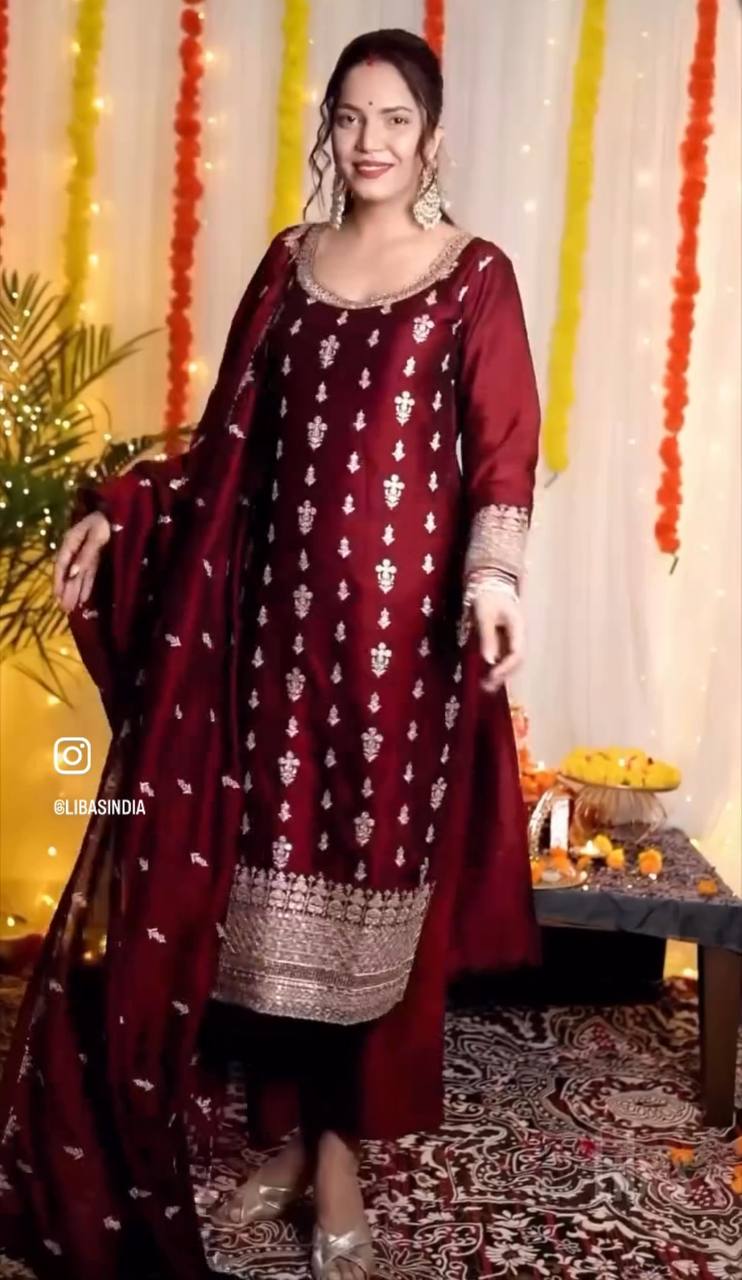 "Elegant Cinon Silk Set: Top, Pant, and Dupatta with Sequence Embroidery"