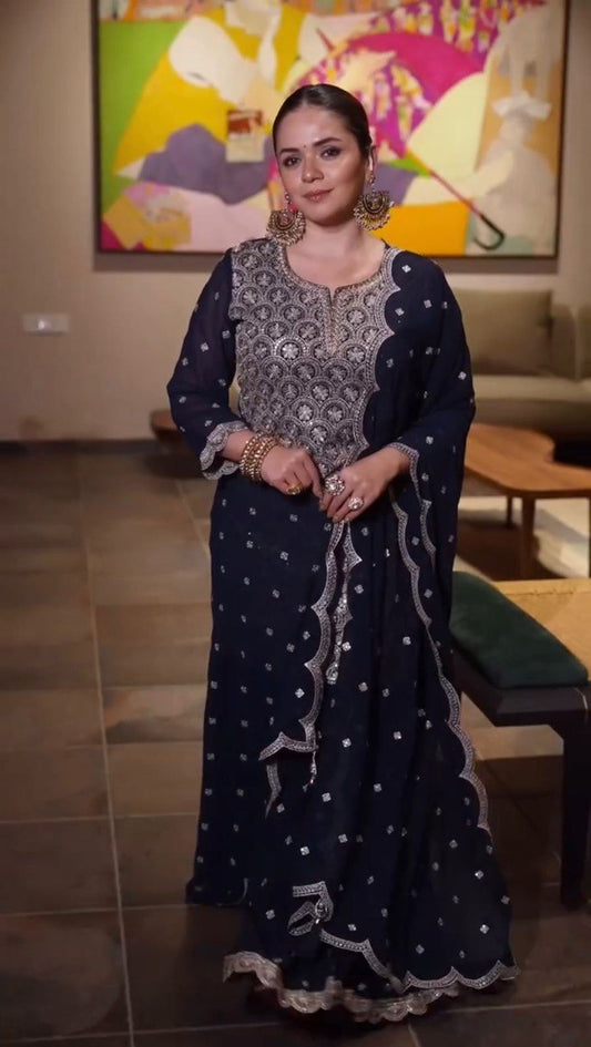 "Elegant Faux Georgette Embroidered Set with Thread & Sequin Work"