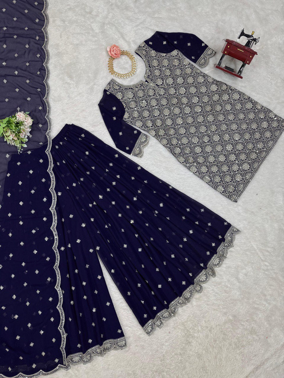 "Elegant Faux Georgette Embroidered Set with Thread & Sequin Work"