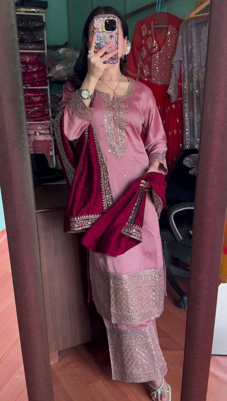 "Elegant Chinnon Silk Embroidered 3-Piece Set with Sequence Work"