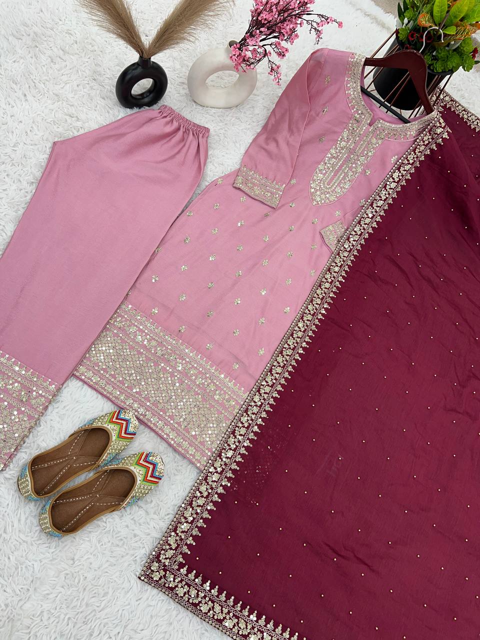 "Elegant Chinnon Silk Embroidered 3-Piece Set with Sequence Work"