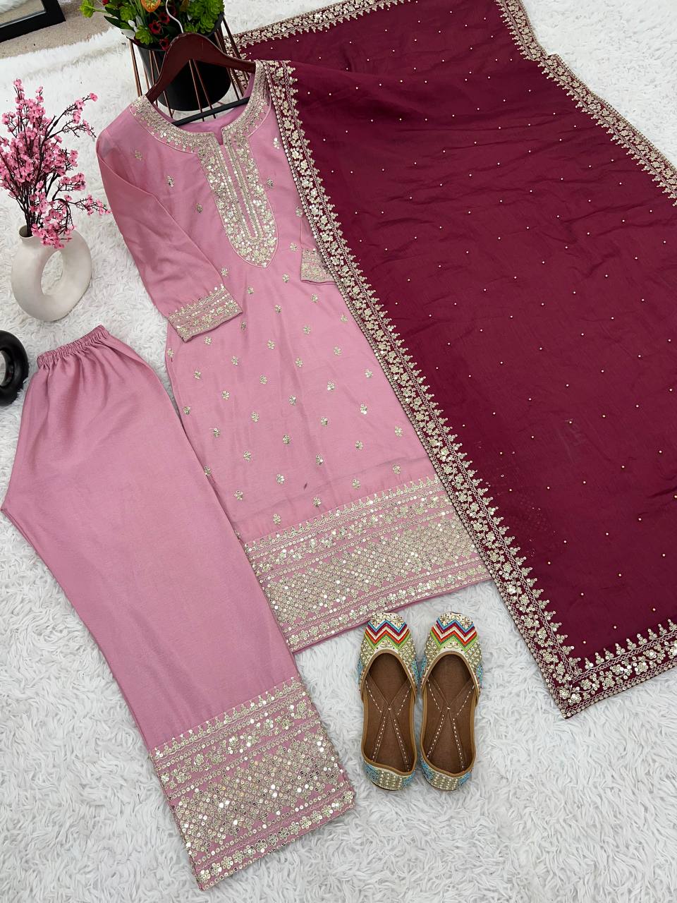 "Elegant Chinnon Silk Embroidered 3-Piece Set with Sequence Work"