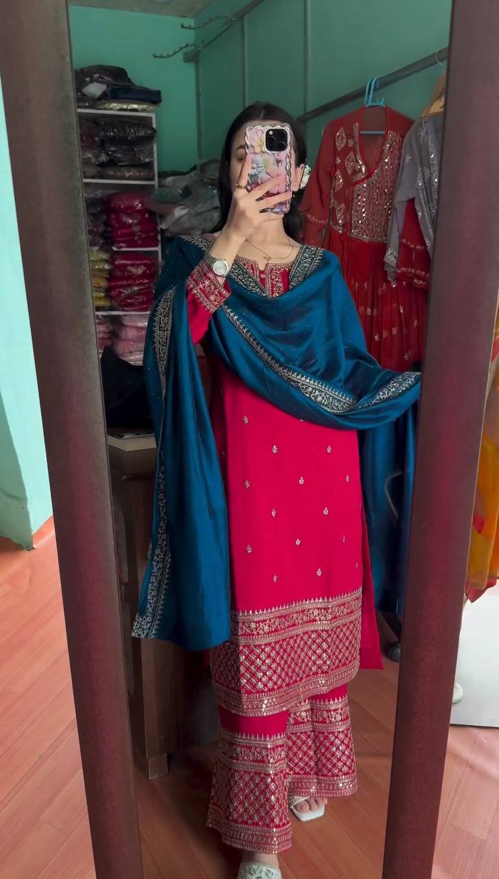 "Elegant Chinnon Silk Embroidered 3-Piece Set with Sequence Work"