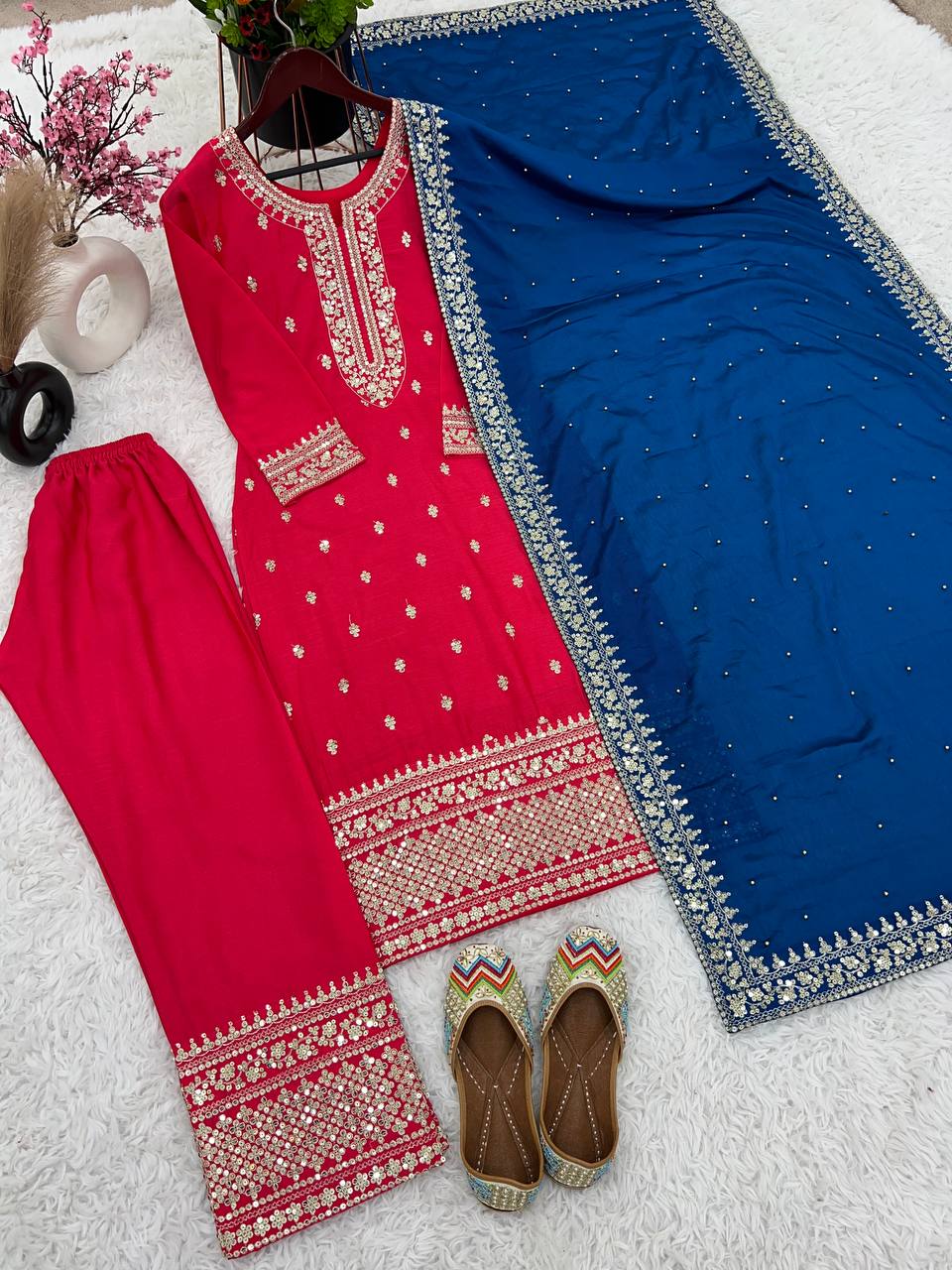 "Elegant Chinnon Silk Embroidered 3-Piece Set with Sequence Work"