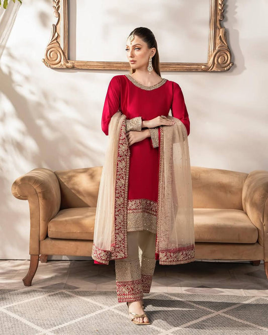 "Elegance in Embroidery: Heavy Malay Satin Silk Set with Embellished Dupatta & Pant"