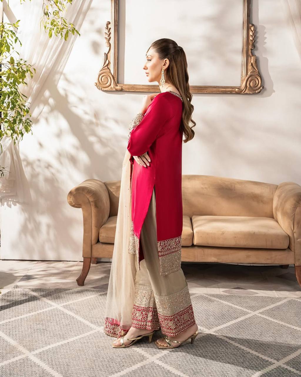 "Elegance in Embroidery: Heavy Malay Satin Silk Set with Embellished Dupatta & Pant"
