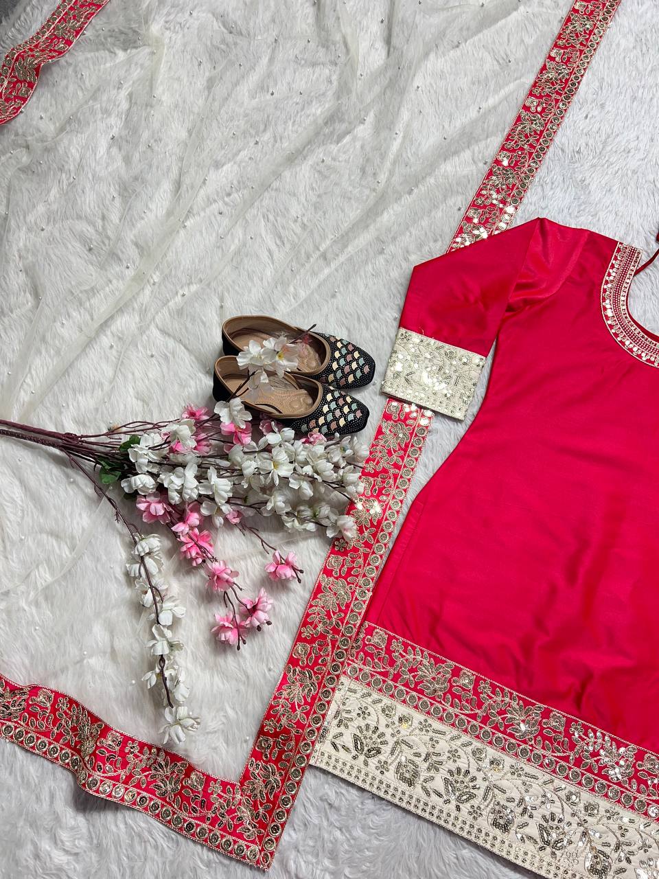 "Elegance in Embroidery: Heavy Malay Satin Silk Set with Embellished Dupatta & Pant"
