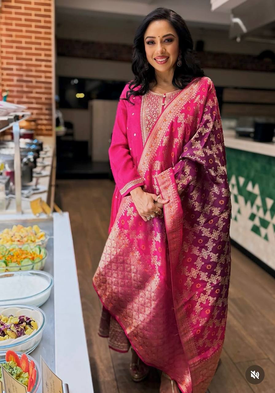 "Elegant Gwon Set with Heavy Embroidery, Satin Dupatta, and Butter Silk Bottom β Fully Stitched, Ready to Wear"