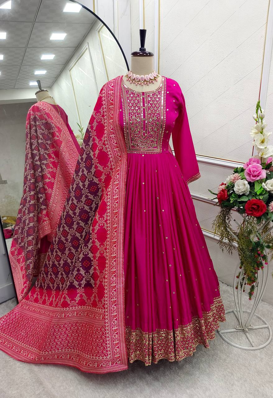"Elegant Gwon Set with Heavy Embroidery, Satin Dupatta, and Butter Silk Bottom β Fully Stitched, Ready to Wear"