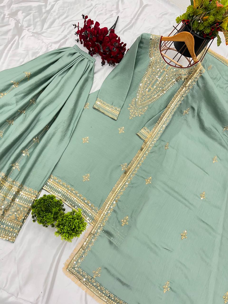 "Elegant Pure Chinnon Silk Set with Heavy Embroidery & Sequence Work"