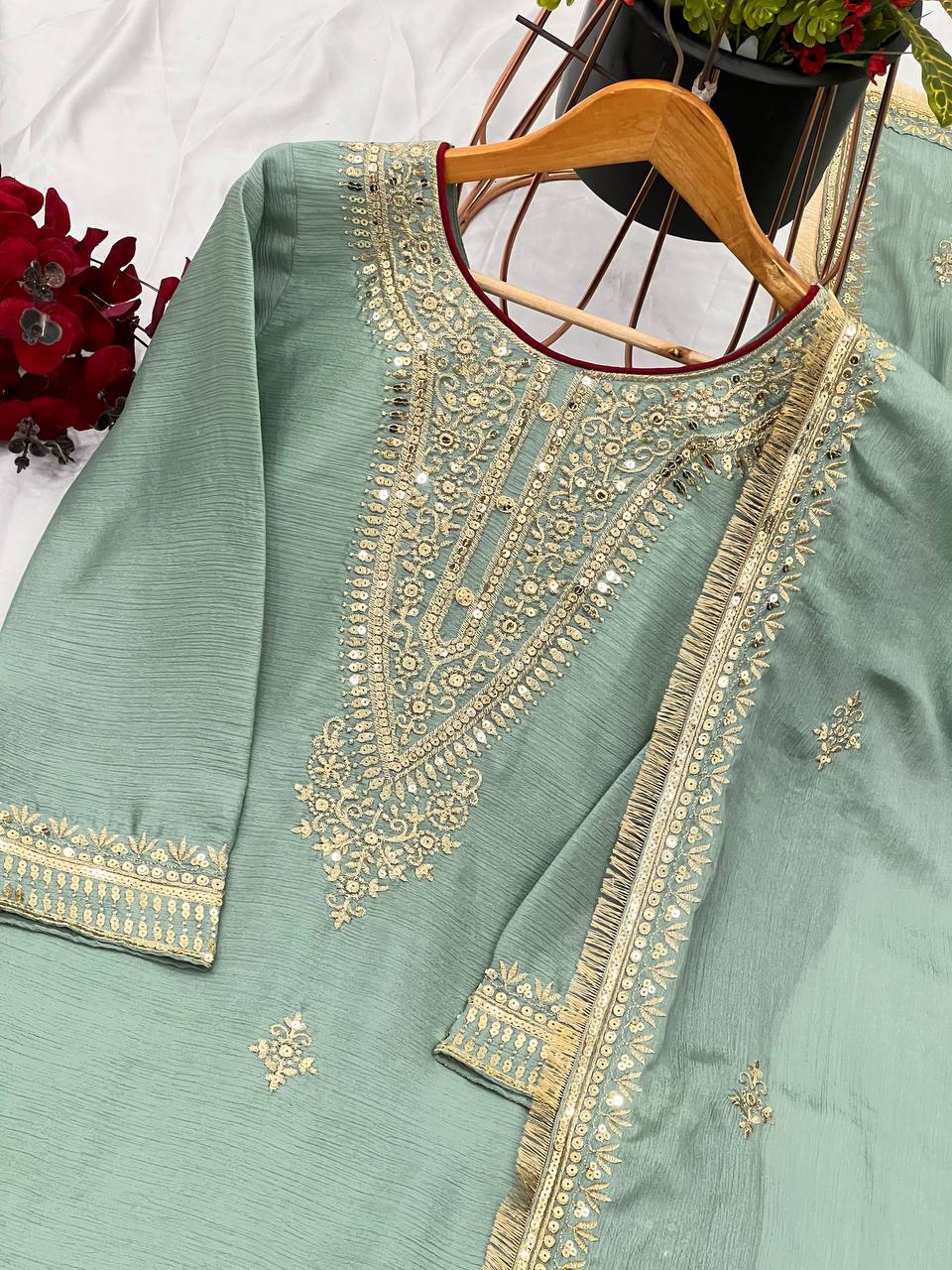 "Elegant Pure Chinnon Silk Set with Heavy Embroidery & Sequence Work"