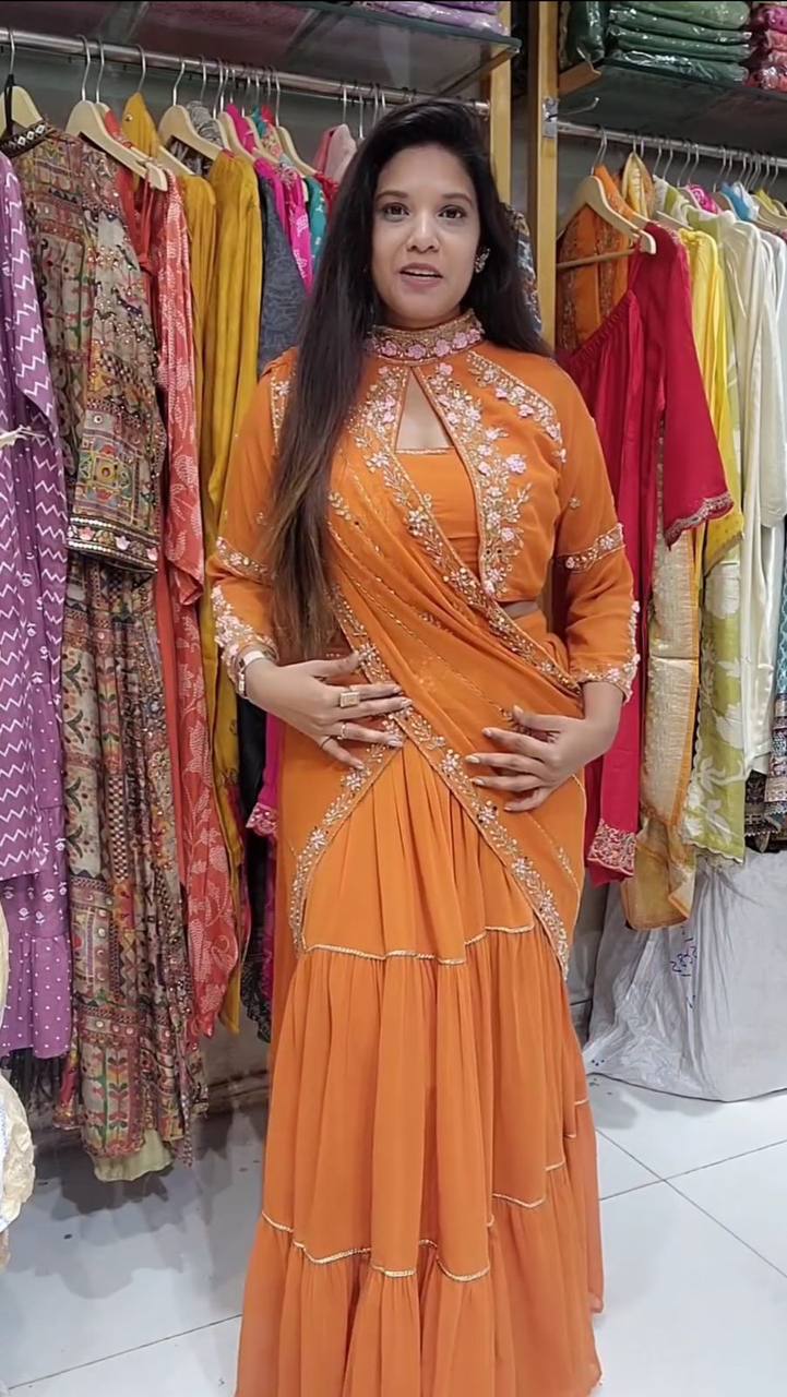 “Elegant Faux Georgette Lehenga Saree with Mirror & Sequence Embroidery - Full Stitched, Full Flair”