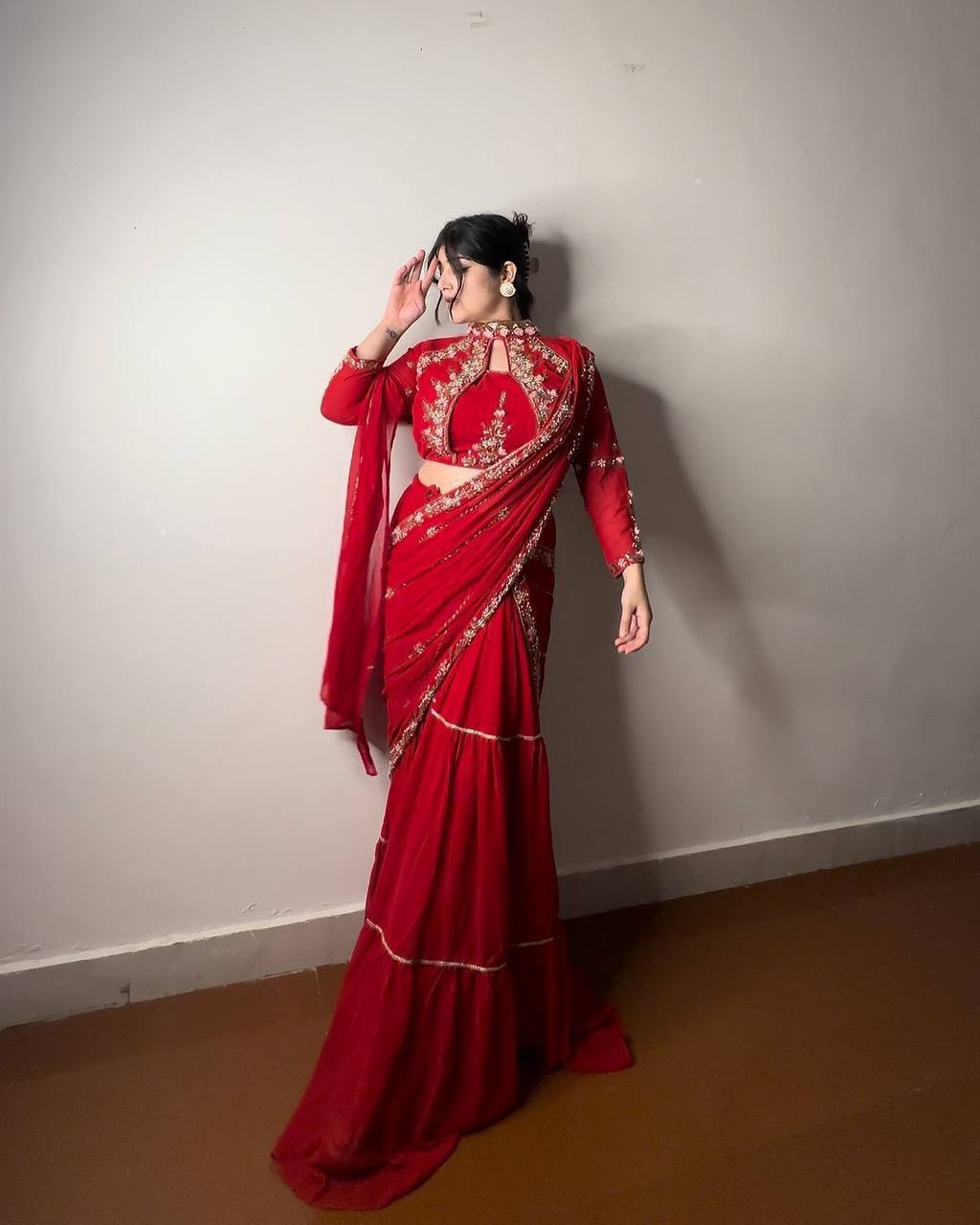 “Elegant Faux Georgette Lehenga Saree with Mirror & Sequence Embroidery - Full Stitched, Full Flair”