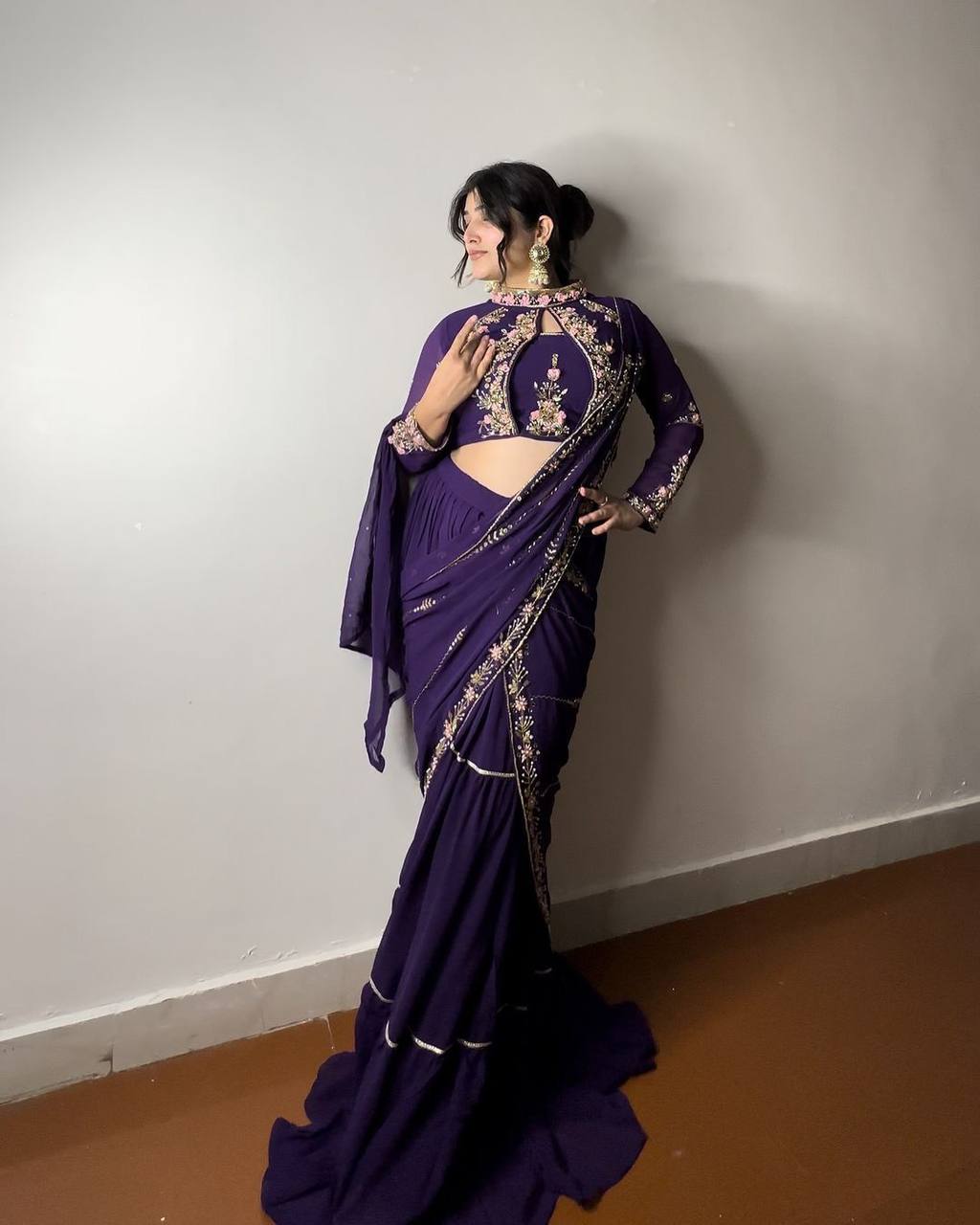 “Elegant Faux Georgette Lehenga Saree with Mirror & Sequence Embroidery - Full Stitched, Full Flair”