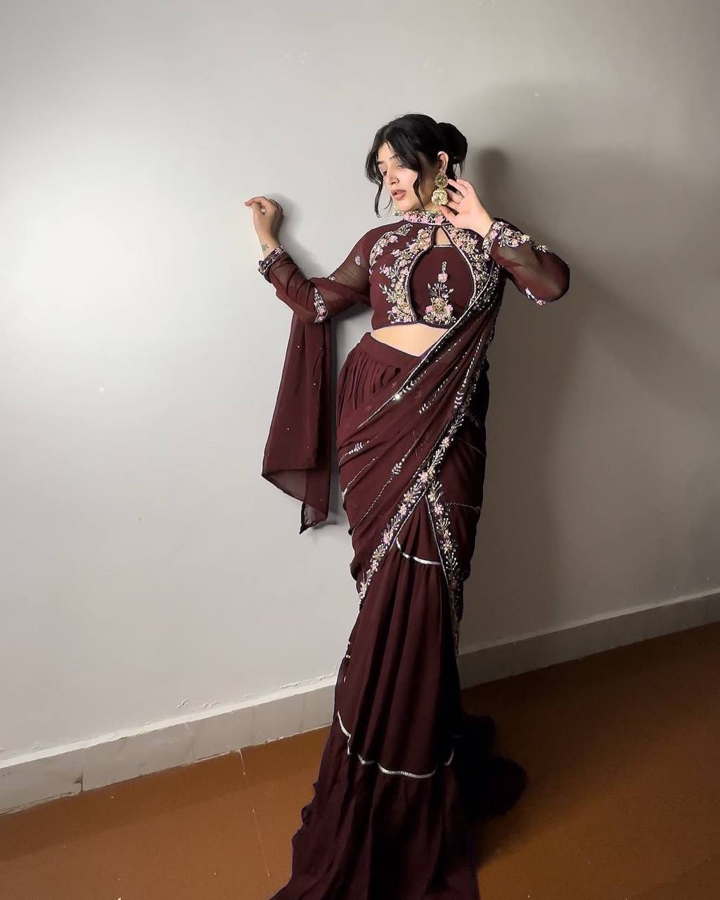 “Elegant Faux Georgette Lehenga Saree with Mirror & Sequence Embroidery - Full Stitched, Full Flair”
