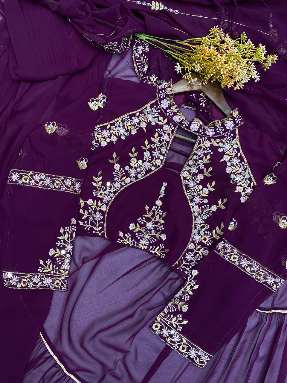 “Elegant Faux Georgette Lehenga Saree with Mirror & Sequence Embroidery - Full Stitched, Full Flair”