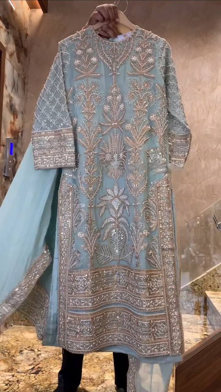 "Elegant Faux Georgette Ensemble with Sequence & Moti Embroidery"