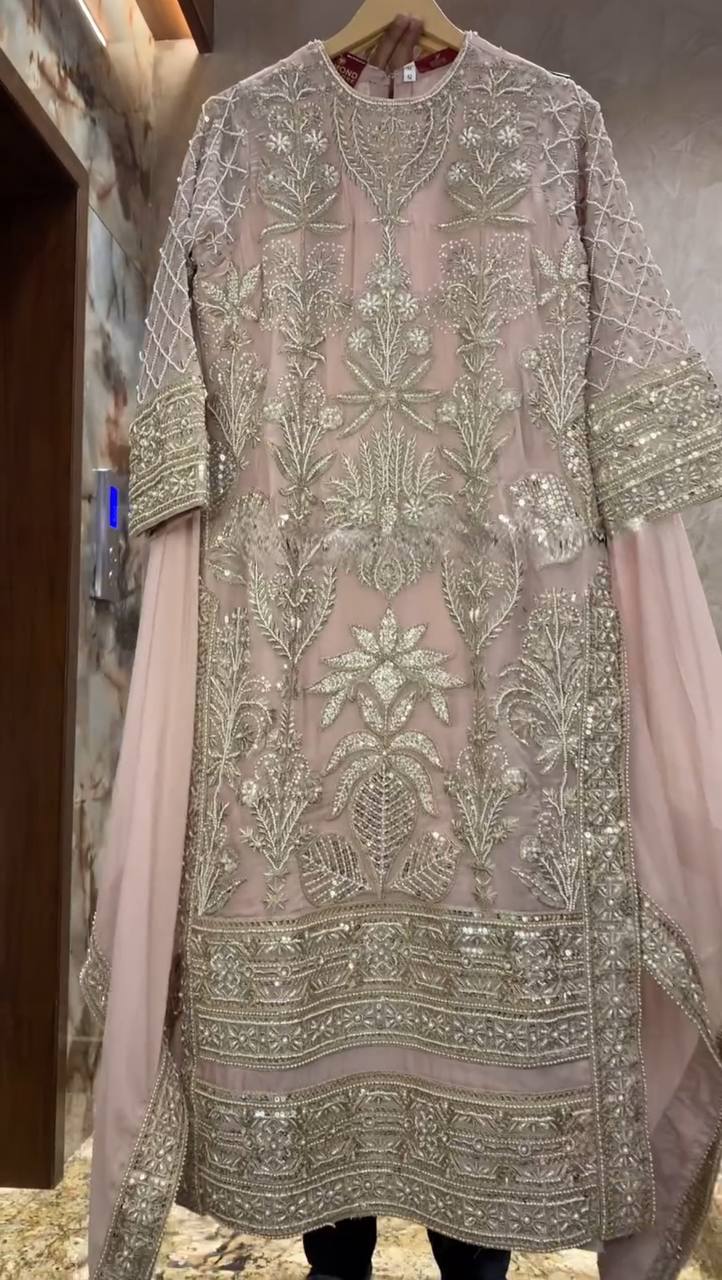 "Elegant Faux Georgette Ensemble with Sequence & Moti Embroidery"