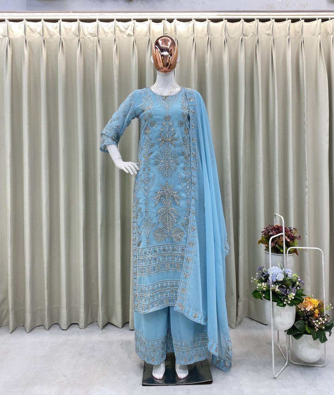 "Elegant Faux Georgette Ensemble with Sequence & Moti Embroidery"