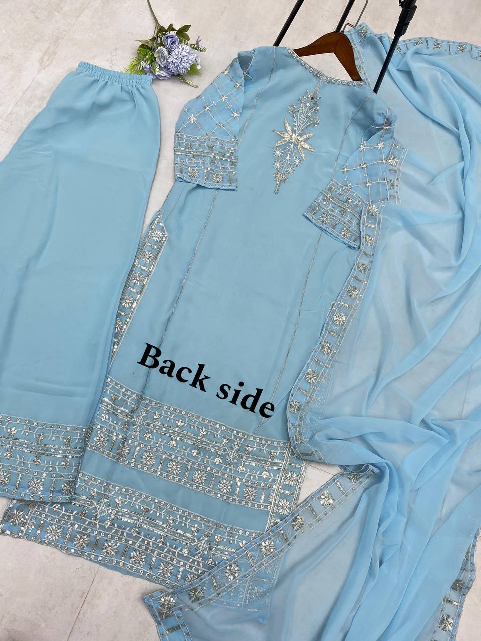 "Elegant Faux Georgette Ensemble with Sequence & Moti Embroidery"