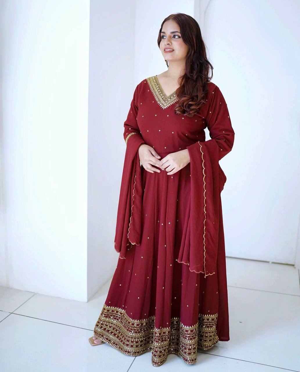 "Elegant Fox Georgette Gown with Heavy Embroidery and Sequins"