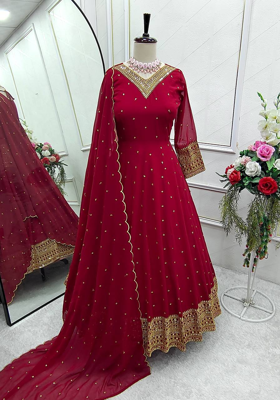 "Elegant Fox Georgette Gown with Heavy Embroidery and Sequins"