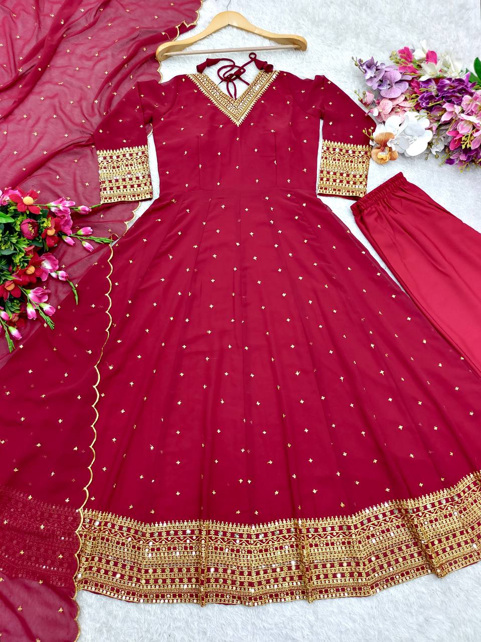 "Elegant Fox Georgette Gown with Heavy Embroidery and Sequins"