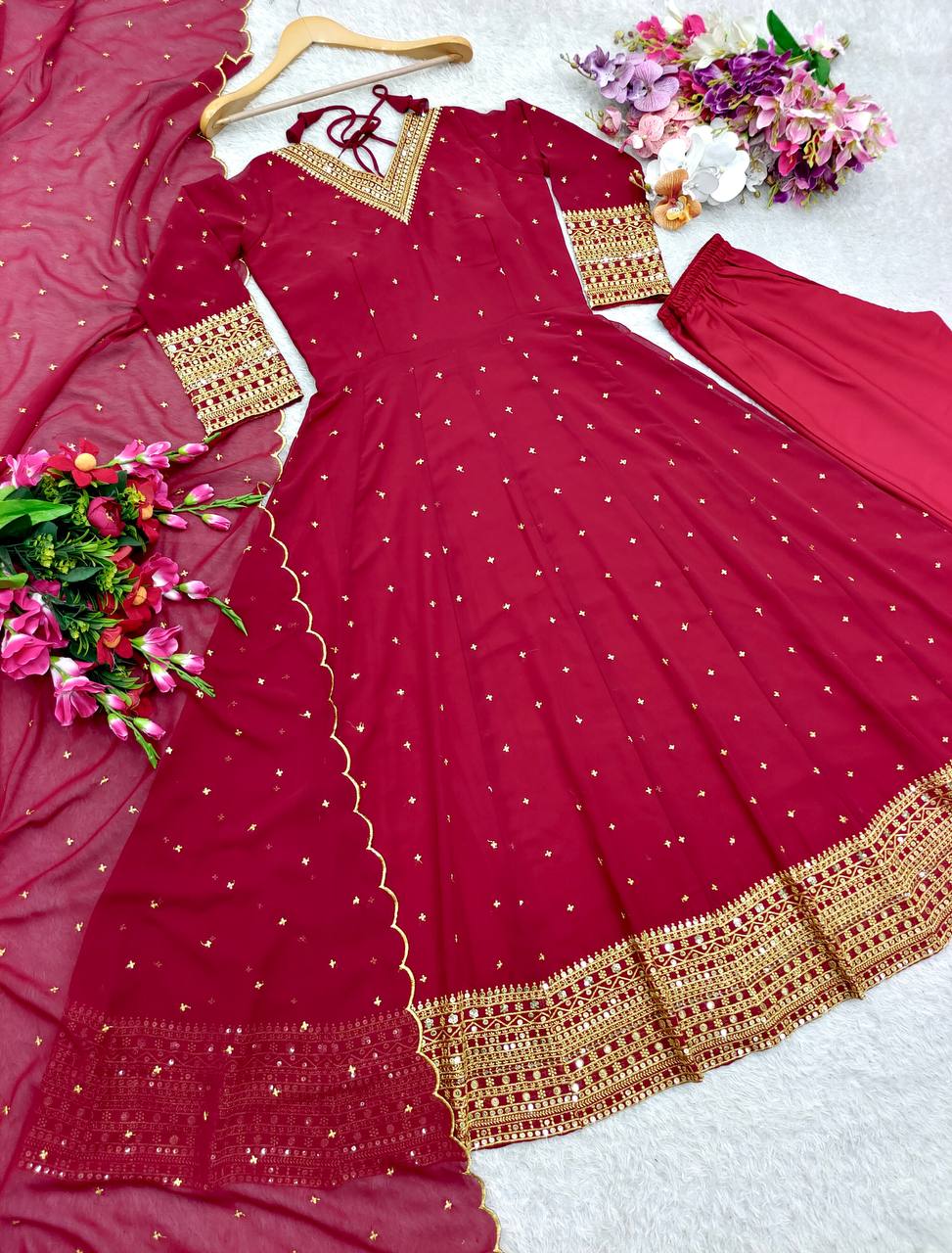 "Elegant Fox Georgette Gown with Heavy Embroidery and Sequins"