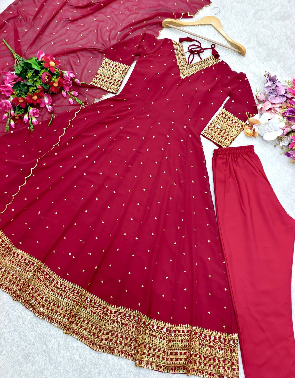 "Elegant Fox Georgette Gown with Heavy Embroidery and Sequins"