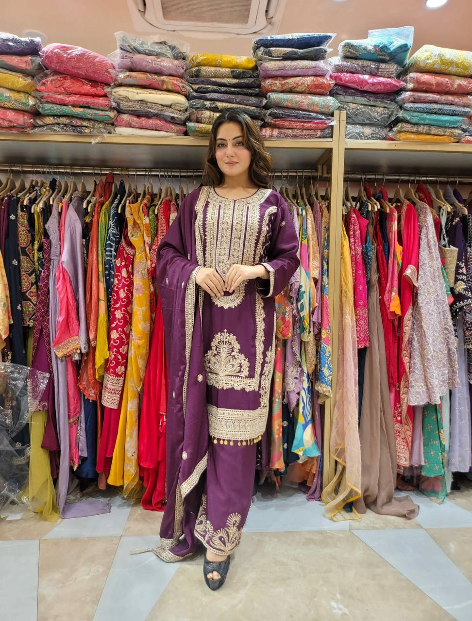 "Elegant Pure Chinnon Silk Ensemble with Heavy Embroidery and Sequence Work"