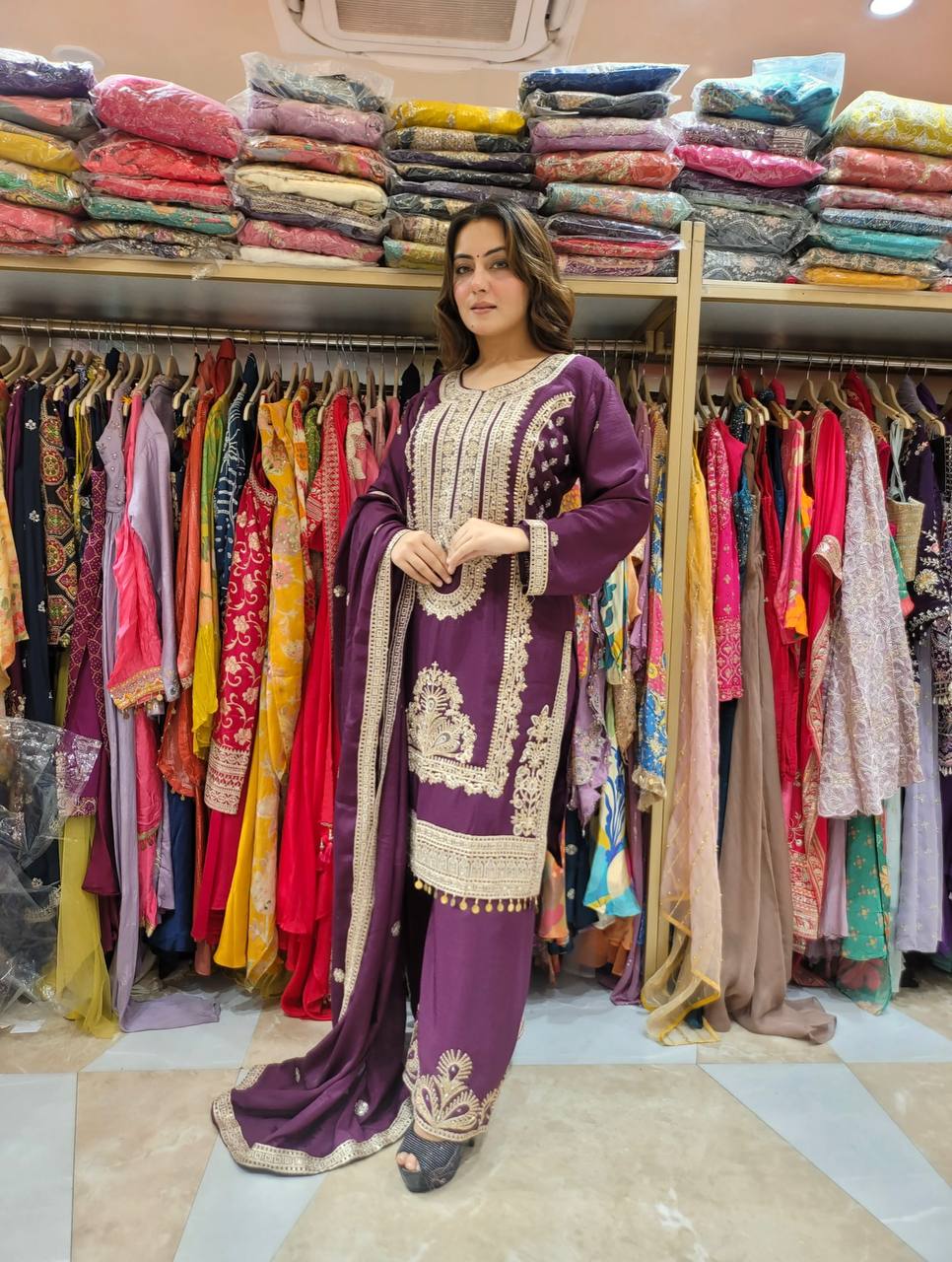 "Elegant Pure Chinnon Silk Ensemble with Heavy Embroidery and Sequence Work"