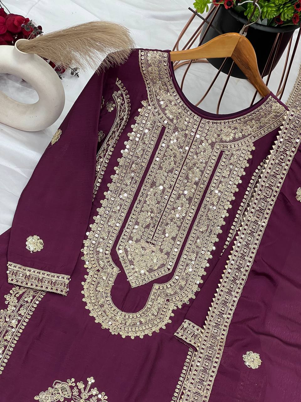 "Elegant Pure Chinnon Silk Ensemble with Heavy Embroidery and Sequence Work"