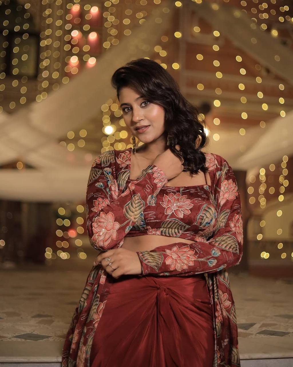 "Elegant Printed Crêpe Silk Ensemble with Draped Skirt and Shrug"