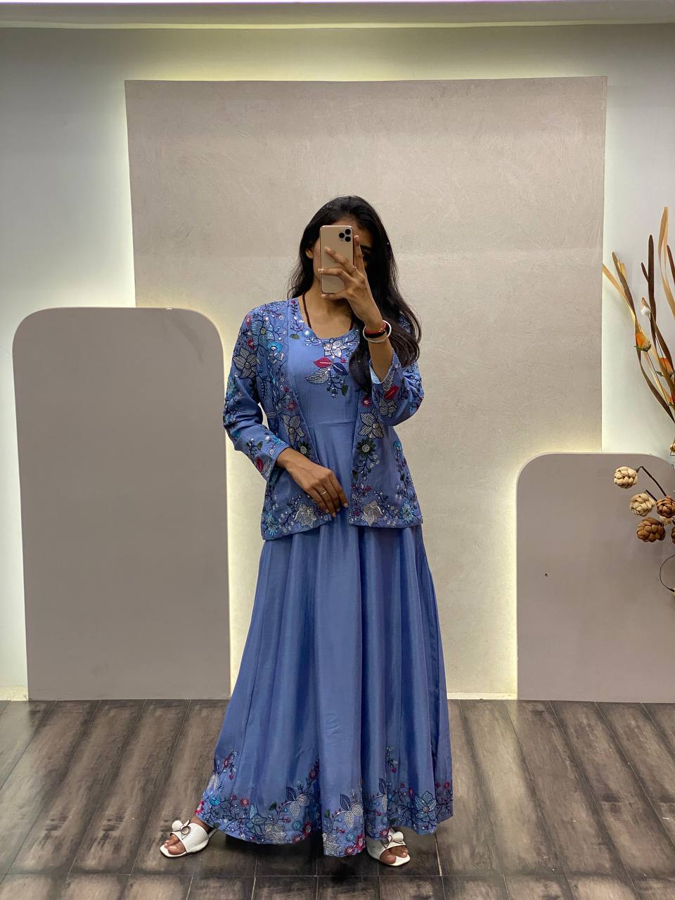 "Chinon Fabric Koti & Gown Set with Cording Sequence Embroidery β Free Size, Full-Stitched"