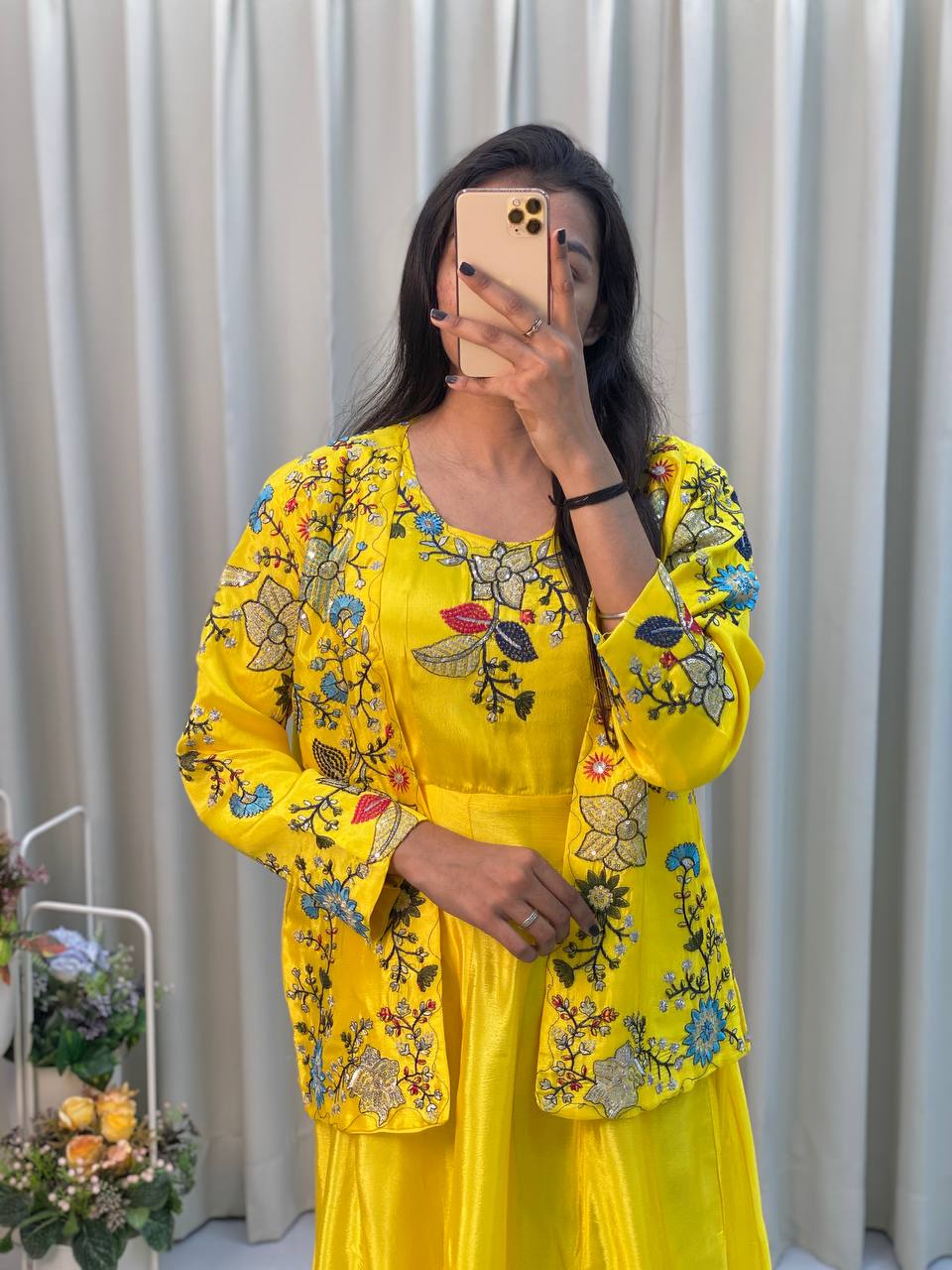 "Chinon Fabric Koti & Gown Set with Cording Sequence Embroidery β Free Size, Full-Stitched"