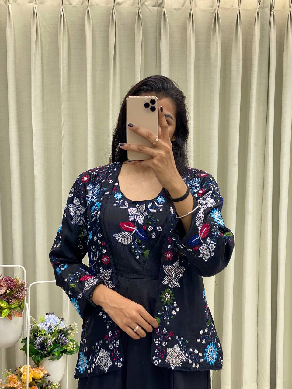 "Chinon Fabric Koti & Gown Set with Cording Sequence Embroidery β Free Size, Full-Stitched"